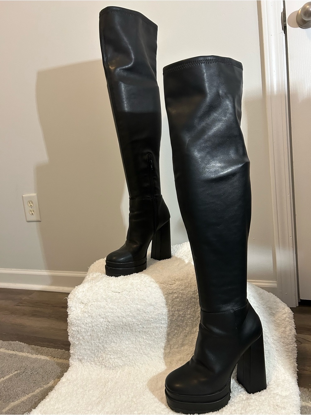 “JLO Black Stretch Thigh High Platform Boots Chunky